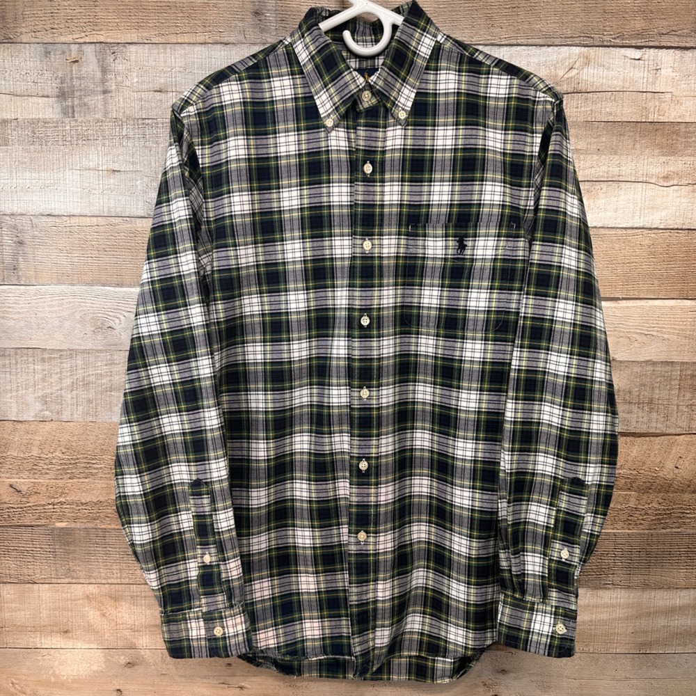 Ralph Lauren Mens Plaid Button Down Shirt Green Blue White Yellow Size M Cotton